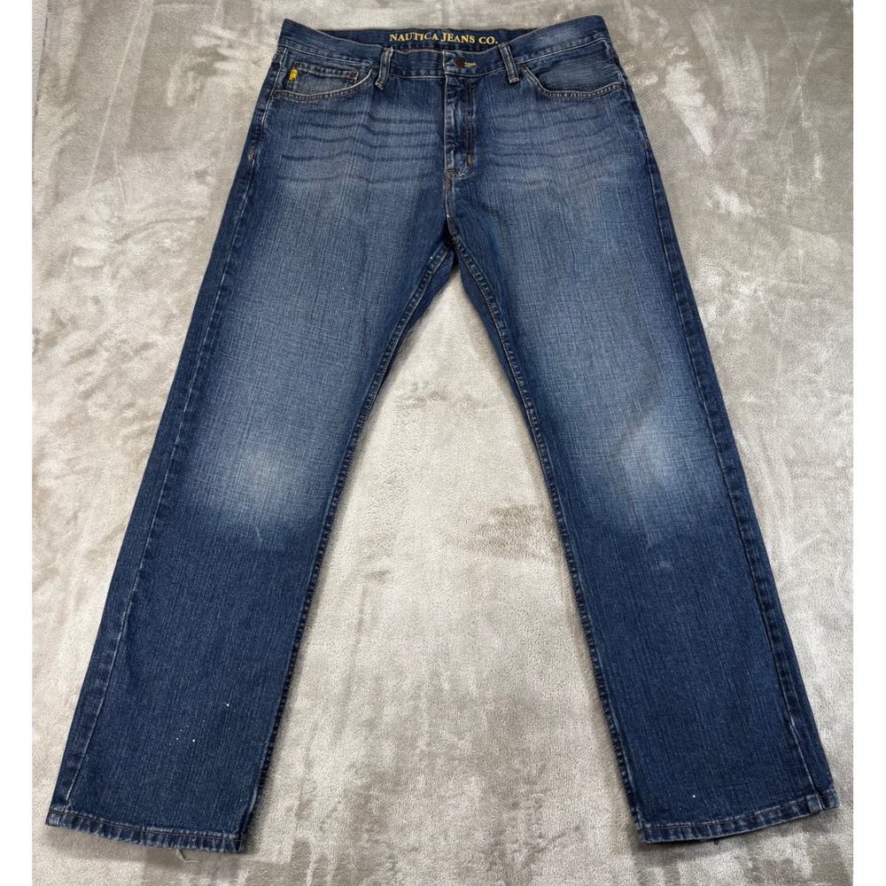 Nautica Jeans Co Straight Leg Mens 36x32 Blue Good Distressed Medium Wash Denim
